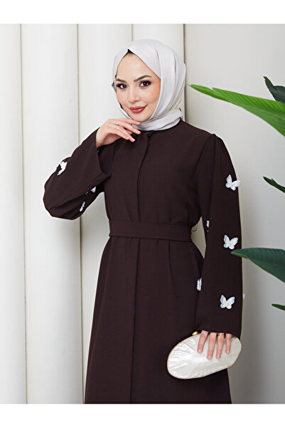 MY QILAM Women's Tesettür Clothing Abaya Ferace Long Dress with Butterfly Emb...