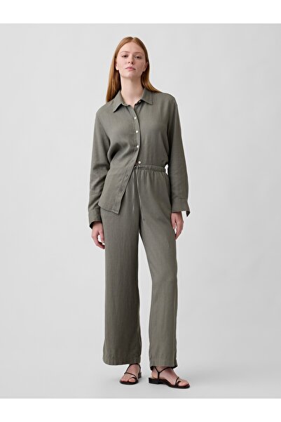 GAP Kadın Haki Relaxed Keten Karışımı Wide-Leg Pantolon