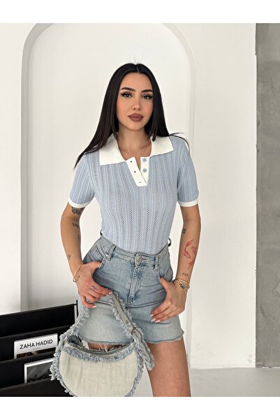 LE CARAMBOLE Ženska plava polo bluza sa detaljnim kratkim rukavima Tkano