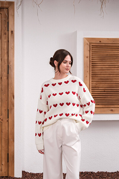 Sea Style Ecru Red Heart Patterned Oversized Knitwear Sweater – Crew Neck Wom...
