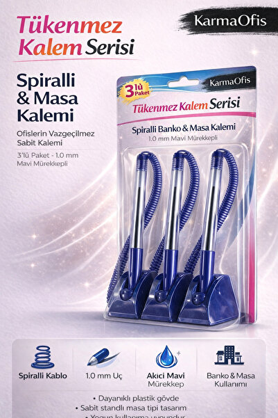 KarmaOfis Spiralli Banko & Masa Kalemi | 1.0 mm Mavi Mürekkepli Sabit Standlı...