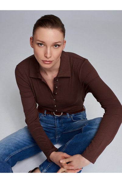 Dilvin 32671 Button Detailed Polo Neck Top