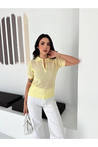 LE CARAMBOLE Дамска жълта блуза с поло яка, плетена от мрежа, с къс ръкав