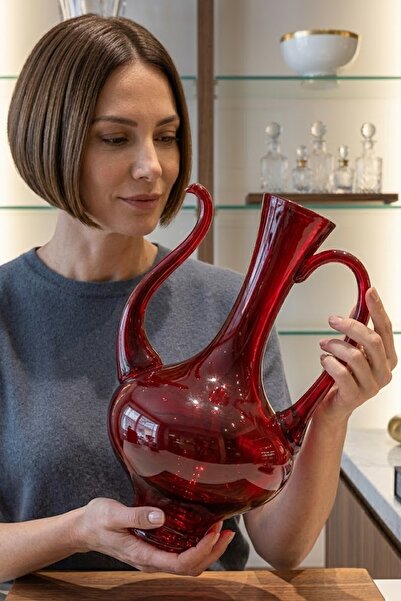 DECOSTYLE Saray Renkli kırmızı Cam İbrik Sürahi 34 Cm - Dekoratif Lüks Sunum
