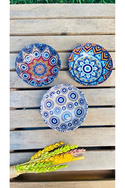 Metal Kase Nazar Desenli Dekoratif Orta Boy Sunum Kasesi 9,5 cm Çap 3lü Set