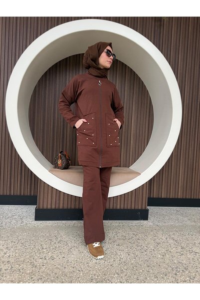 AYSUN AYDEMİR Brown Zippered Top and Bottom Double Hijab Tracksuit Set