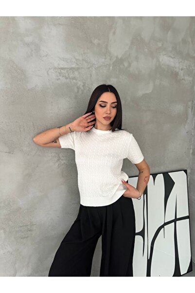 LE CARAMBOLE Ženska ecru okrugla kragna bluza od pletiva kratkih rukava