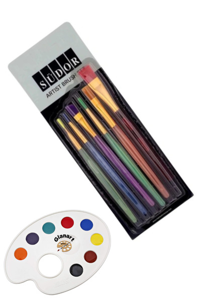 Glanart 6 lı sentetik uçlu fırça seti ve palet 1 takım (yağlı,guaj,akrilik ve...