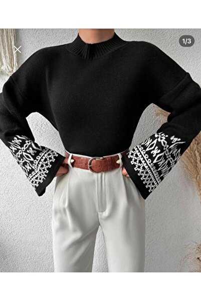 Evim Sepeti Sleeves Ethnic Patterned Half Turtleneck Black Oversized Knitwear...