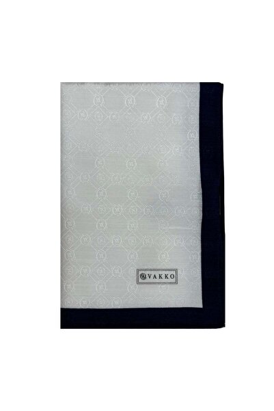 Vakko Pamuk İpek Monogram Şal 44225-Beyaz Lacivert