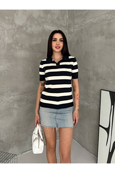 Noi Belis Soft-Textured Striped Polo Collar Knitwear Blouse Ss26Bz0047