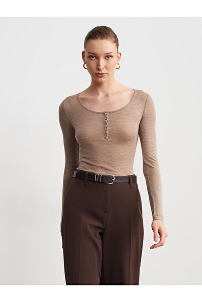 Dilvin 32607 100% Vuna Bluza sa dugim rukavima i kopčanjem - Mink M.