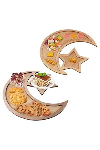 Axpeih 2Pcs Ramadan Wood Tray Moon Star Eid Serving Platter Dessert Display H...