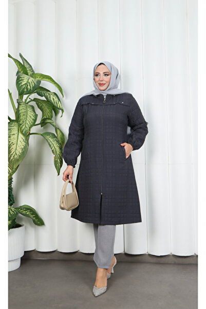 HNT Hayrunnisa Tesettür Fermuarlı Kapitone Uzun Kap KOYU GRİ HNT8581