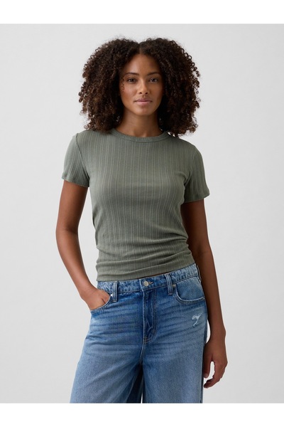 GAP Kadın Haki Pointelle Crewneck T-Shirt