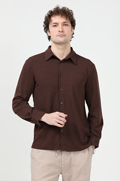 JB John Borners Ανδρικό μακρυμάνικο πουκάμισο με κουμπιά Με υφή καφέ - 26Y 30000