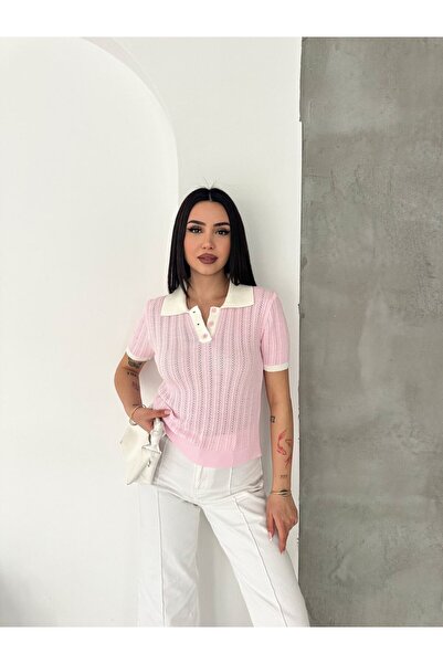 LE CARAMBOLE Ženska ružičasta polo bluza sa kratkim rukavima i detaljnim plet...