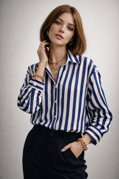 ribana قميص نسائي مخطط من قماش الساتان ذو ياقة كلاسيكية وأكمام طويلة وأزرار أ...