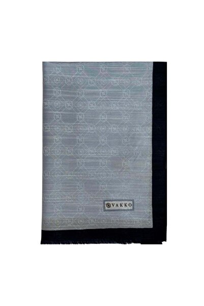 Vakko Pamuk İpek Monogram Şal 44225-Açık Mavi Lacivert