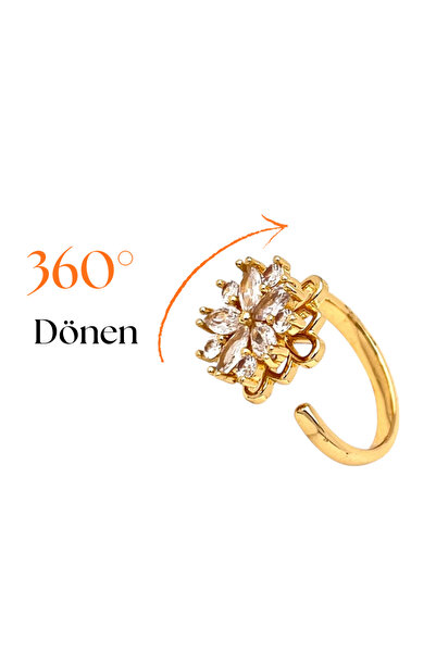 Siya Silver Çelik Dönen Ayarlanabilir Zirkon Taşlı Lotus Stres Yüzüğü