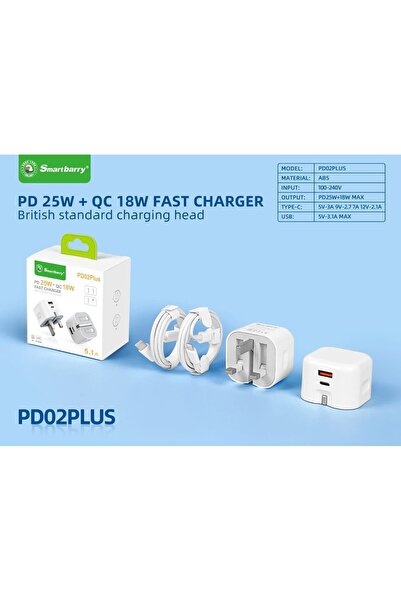 Generic Smartbarry PD02Plus PD 25W + QC 18W Fast Charger – British Standard Plug