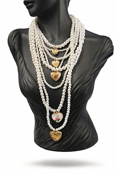 TAUPE Bijoux Nancy Altın Kalp ve Charm Detaylı Çoklun İncili Kolye