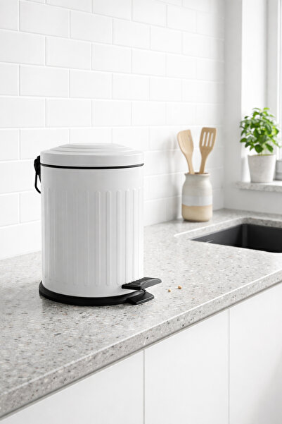 Yufira Life 5 Lt Çizgili Vintage Yavaş Kapanan Pedallı Beyaz Lüks Çöp Kovası ...