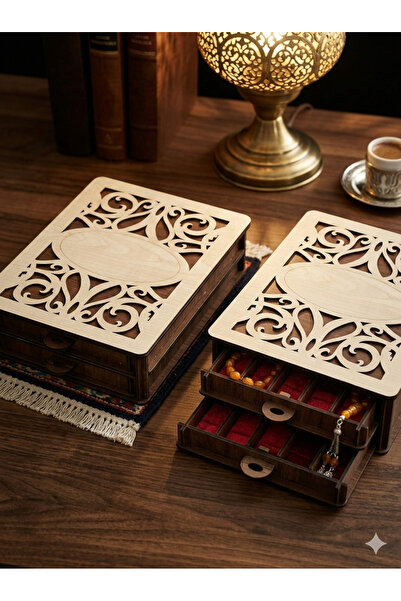 URFA LAZER Kişiye Özel Ahşap Kolye Tesbih Takı Koleksiyon Kutusu - 2 Çekmecel...