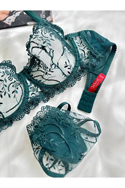 BanaTAP Emerald Green Floral Print Wired Embroidered Bra Thong Underwear Set