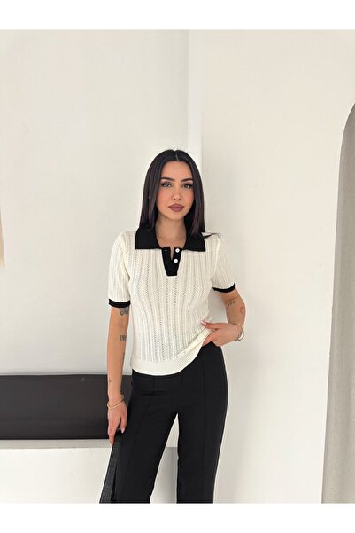 LE CARAMBOLE Ženska ecru polo bluza sa kratkim rukavima i detaljnim pletenim ...