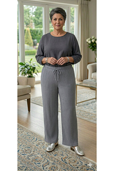 MODA Γκρι πλεκτό στριφτό παντελόνι μεγάλου μεγέθους για μαμάδες
