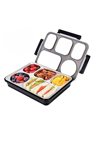 moontime alaçatı Çok Bölmeli Çelik Yemek Kutusu, 1600ml, Siyah, Pratik ve Şık...