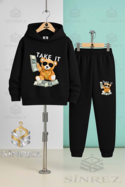 SİNREZ Children's Unisex Ayicik Take It Byz Hooded Tracksuit Set