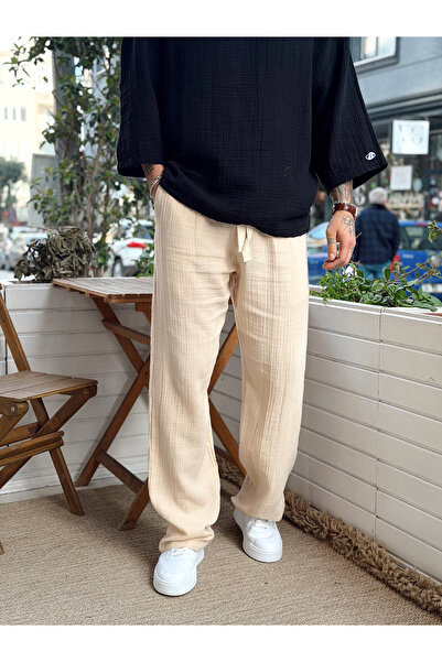 manch collection Ύφασμα Μουσελίνας Basic Baggy Παντελόνι σε Πούδρα