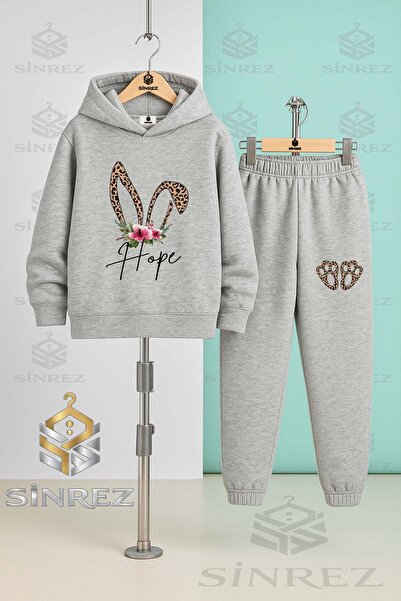 SİNREZ Children's Unisex Tavsan Kulk Cicek Leopar Dsn Hooded Tracksuit Set