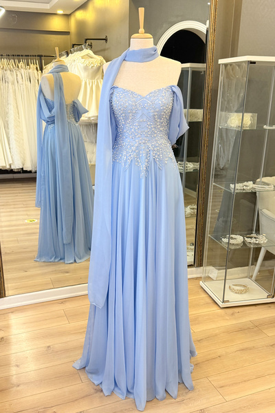 Lenta Moda Buz Mavi Dantel Kaplama Düşük Kol Şal Detaylı Şifon Abiye Elbise