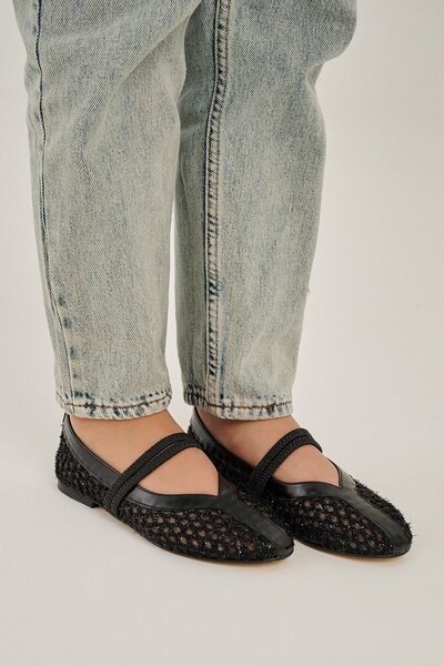 Modezya Black Double Rubber Detail Round Toe Women's Ballet Flats