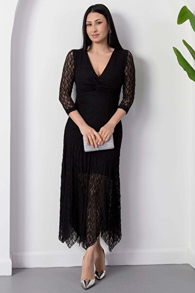 PULLIMM διπλό πέτο Φόρεμα με μακρύ μανίκι και κόμπο στο στήθος Δαντέλα 2026-4521