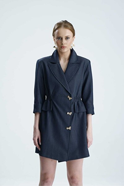 GACA COLLECTION Canni̇ Navy Blue Dress with Elastic Waist and Denim Look