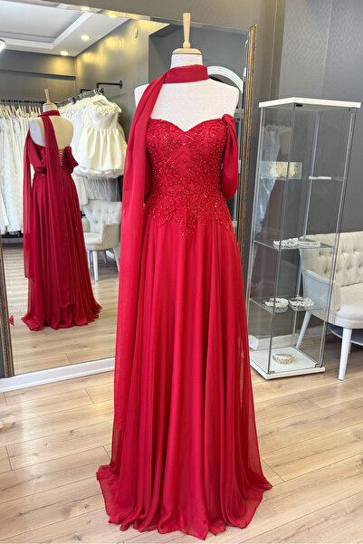 Lenta Moda Kırmızı Dantel Kaplama Düşük Kol Şal Detaylı Şifon Abiye Elbise