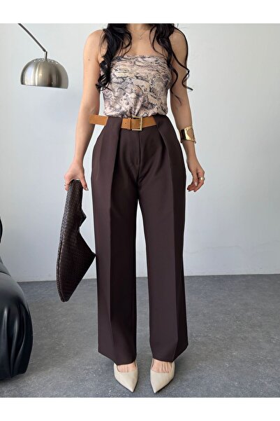 Moda İkra Ψηλόμεσο, πλισέ και μοντέρνο υφασμάτινο παντελόνι Με λεπτομέρεια ζώνης