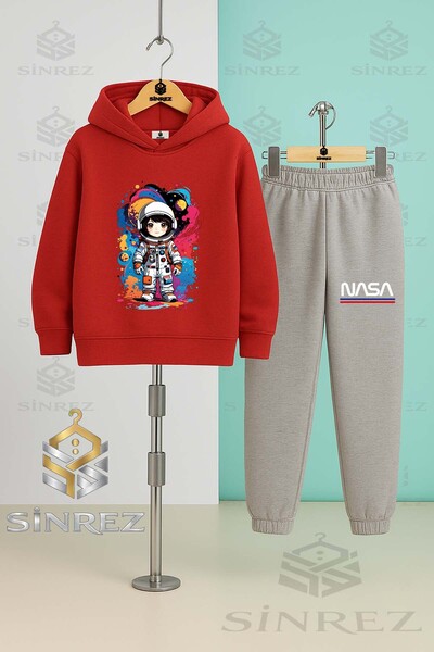 SİNREZ Children's Unisex Astronaut Girl Colorful Tvl Hooded Tracksuit Set