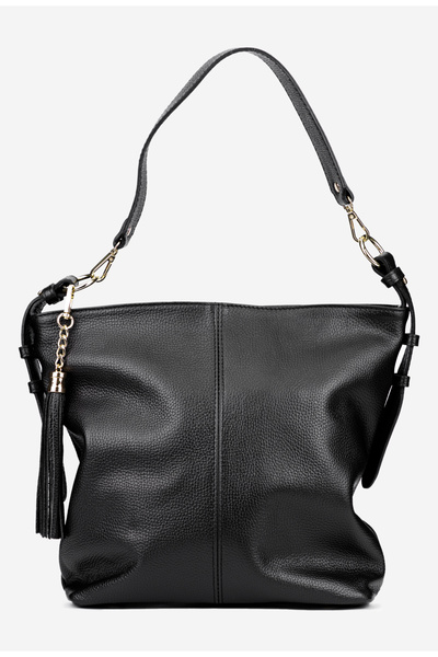 Dasha Geanta dama neagra din piele texturata cu accesoriu ciucure