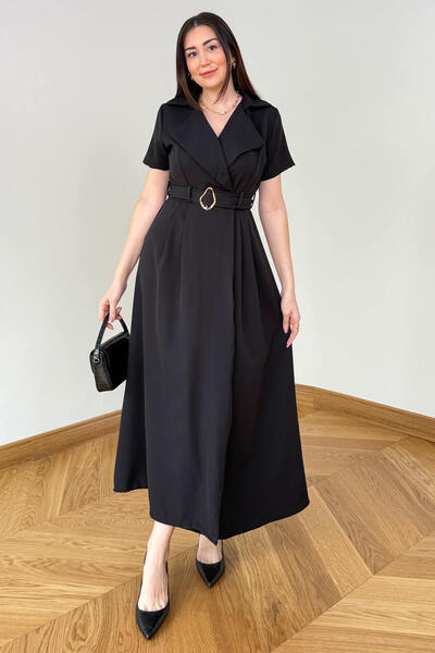 Cappmoda ELB-01846 Siyah Kruvaze Yaka Piliseli Krep Elbise