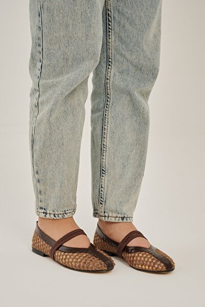 Modezya Brown Double Rubber Detail Round Toe Women's Ballet Flats