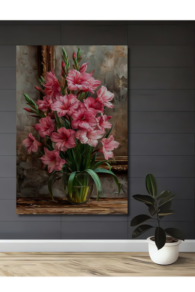 Teona Ahşap Büyülü Pembe Zambak Buketi Yağlı Boya Görünümlü Ahşap Dekoratif T...