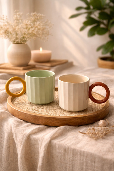 DİVAYS Modern Embossed Ceramic Mug – Decorative Design Cup with Colorful Handle