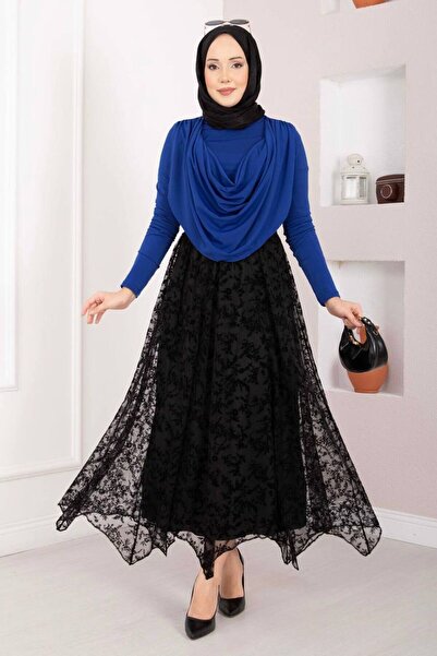 KAŞİHA Flock Printed Asymmetric Cut Lining Tulle Tulle Set Women's Skirt