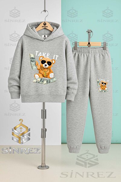 SİNREZ Children's Unisex Ayicik Take It Byz Hooded Tracksuit Set