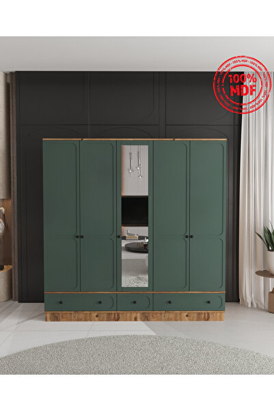 Teen & Bright IRMAK 5 KAPAKLI ÇEKMECELİ BAZALI GARDIROP - TAMAMI MDF